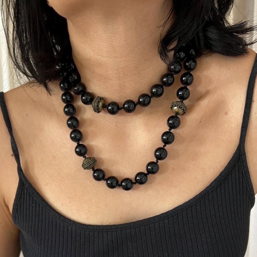 Vintage Mid-Century hand knotted Black‎ Onyx Bead Necklace gold filigree beads